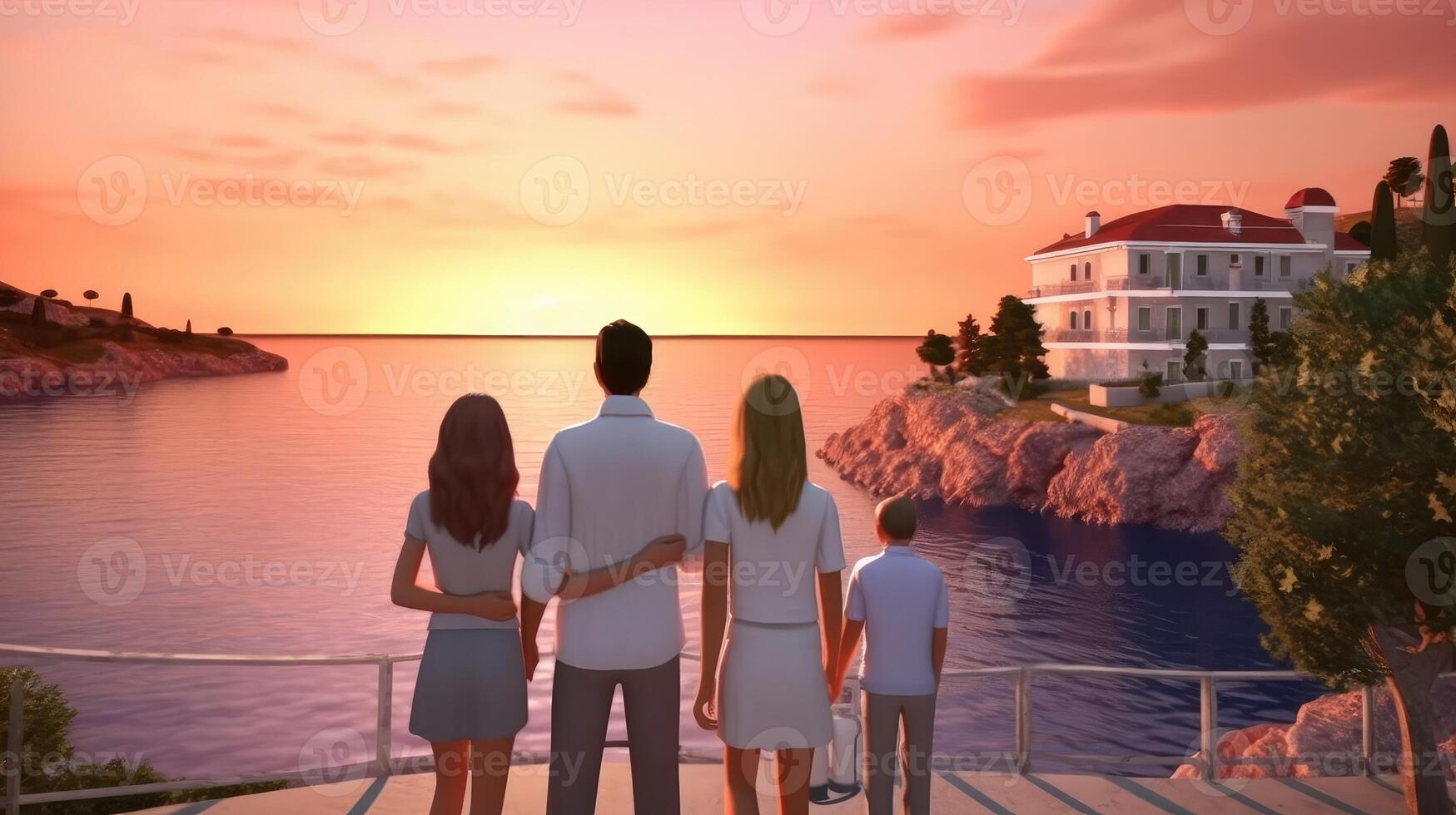 Family Vacation In Nature. Young Mom, Dad And Their Daughters And Son Meet At Sunset. Created with . photo