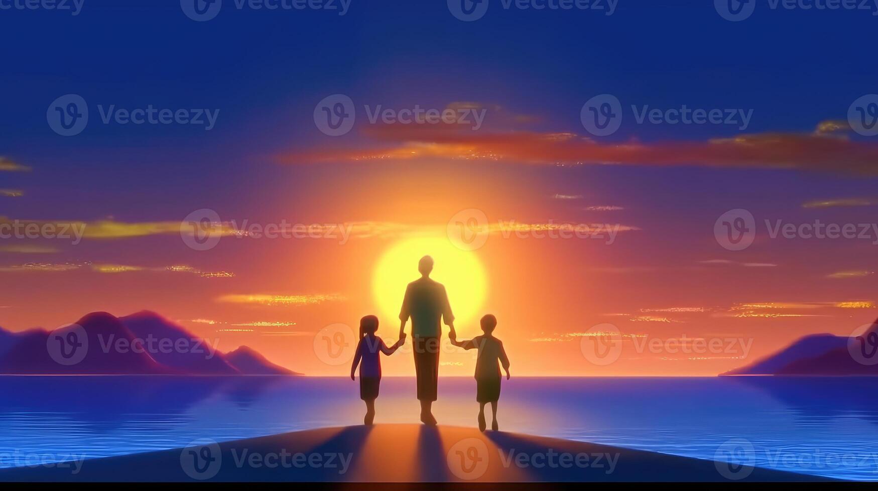 Family Vacation In Nature. Young Mom, Dad And Their Daughters And Son Meet At Sunset. Created with . photo