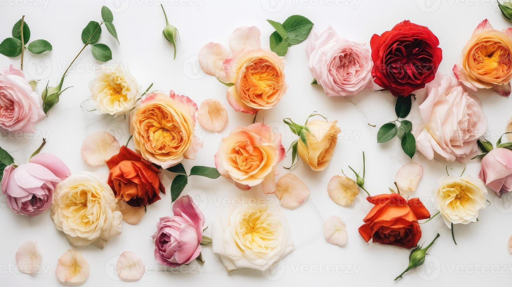 Beautiful spring Ranunculus flowers on gray stone table. Floral border. Pastel color. Greeting card for Valentines or Womans Day. Created with . photo