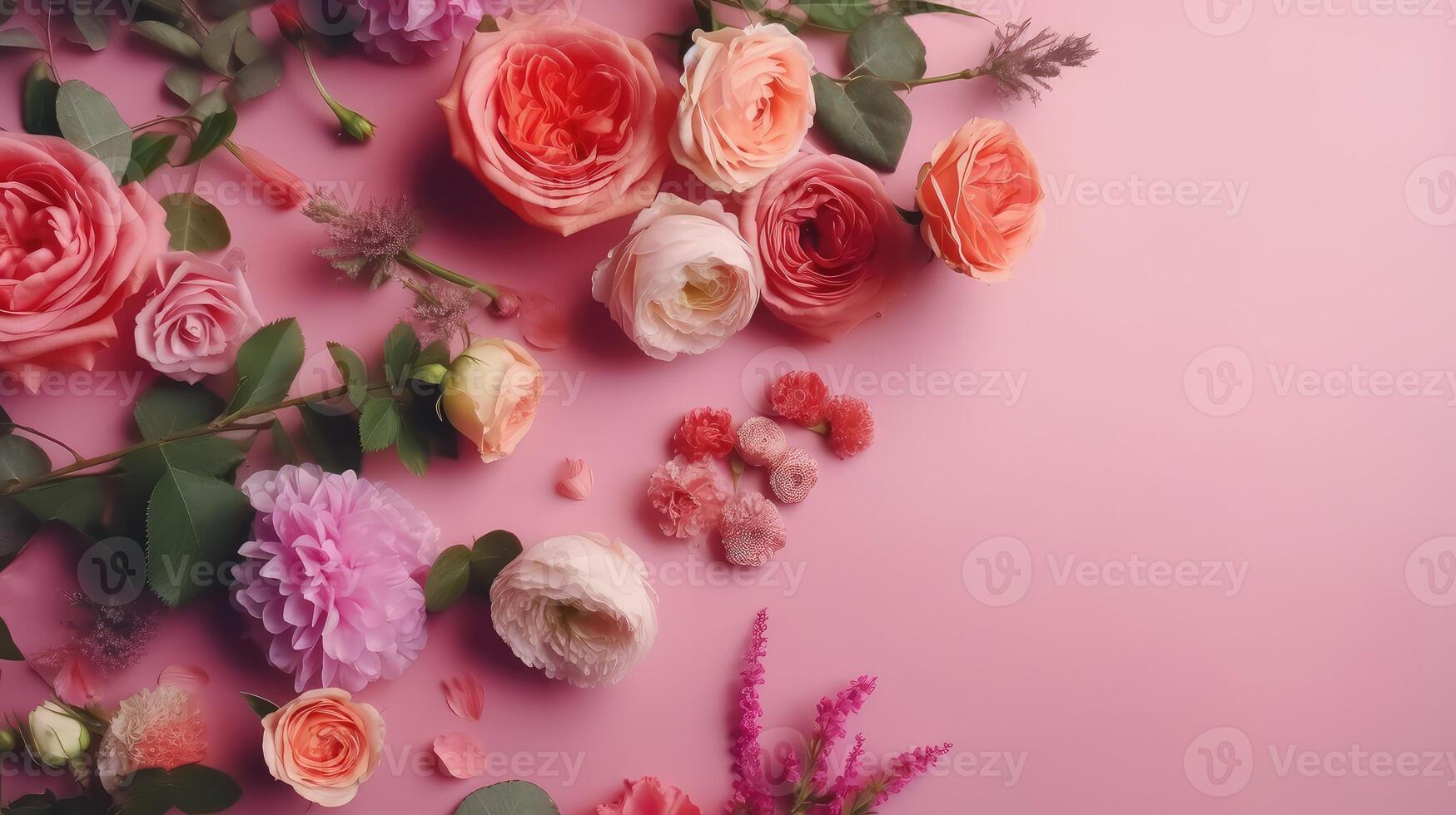 Beautiful spring Ranunculus flowers on gray stone table. Floral border. Pastel color. Greeting card for Valentines or Womans Day. Created with . photo