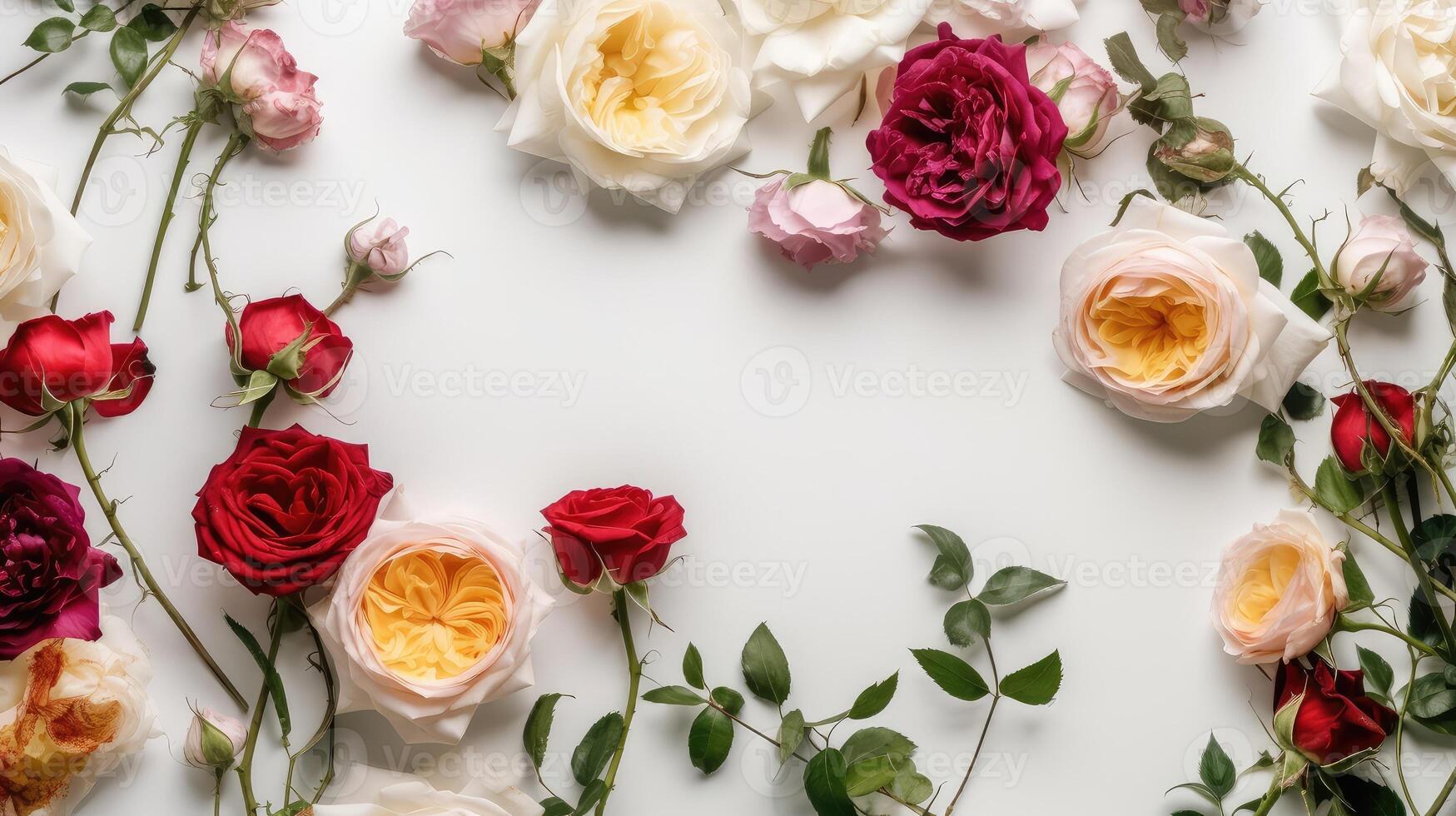 Beautiful spring Ranunculus flowers on gray stone table. Floral border. Pastel color. Greeting card for Valentines or Womans Day. Created with . photo