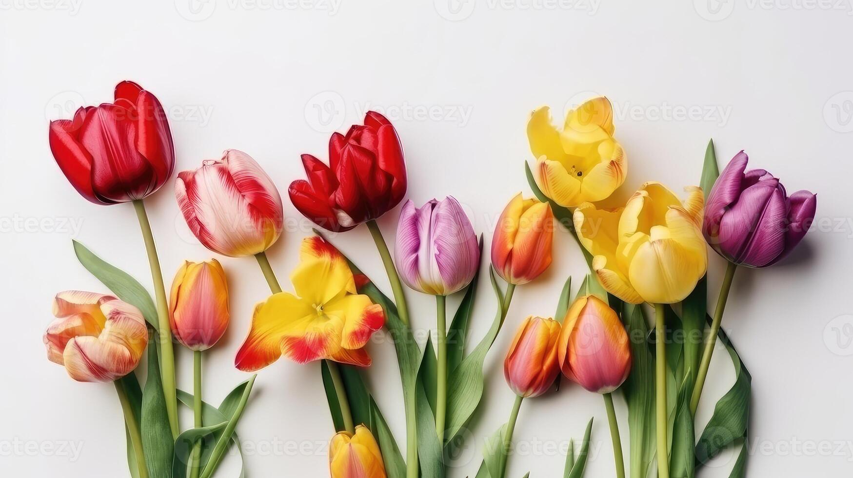 Set of seven different color tulip flowers isolated on white background. Created with . photo