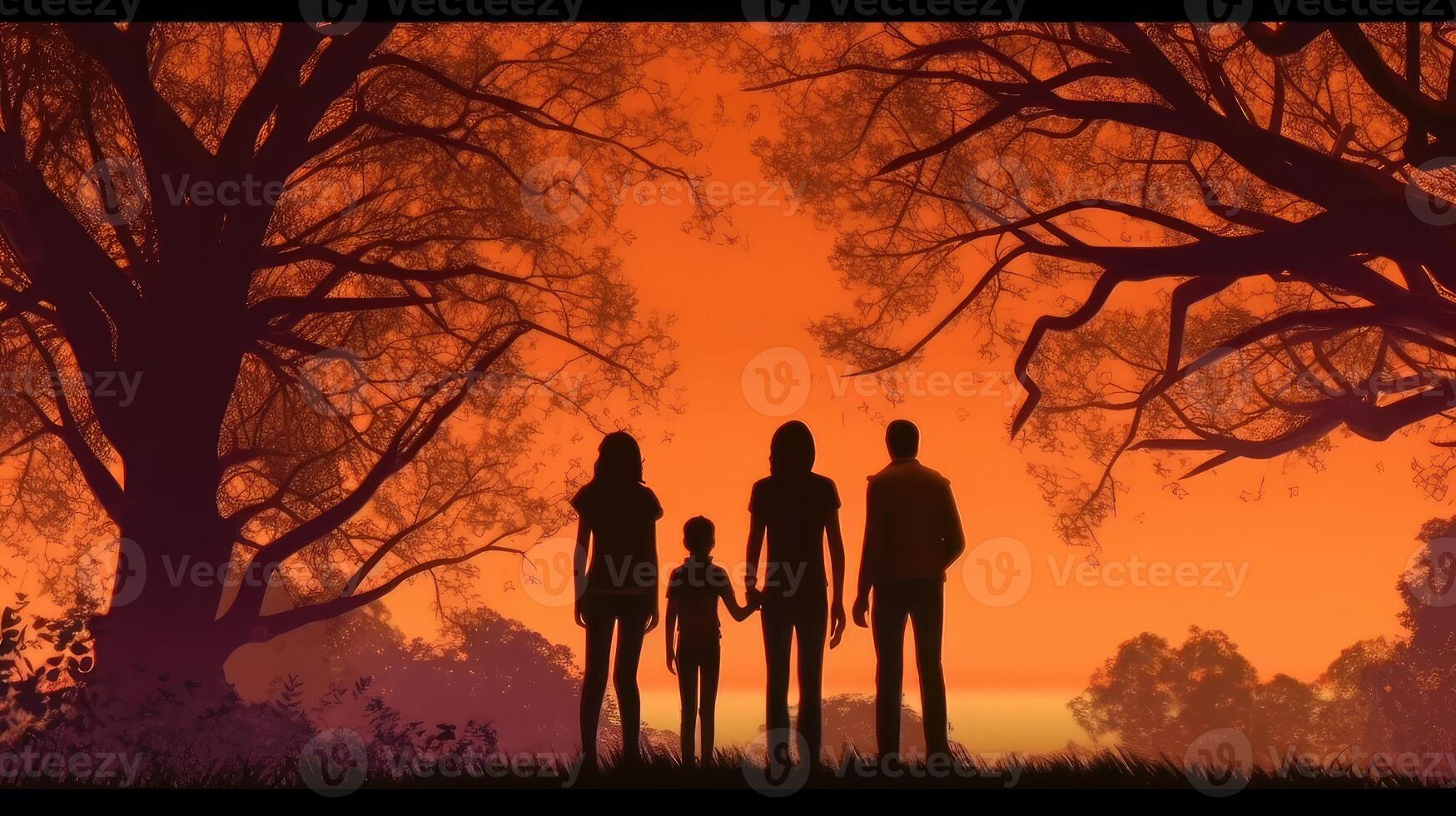 familia vacaciones en naturaleza. joven mamá, papá y su hijas y hijo reunirse a puesta de sol. creado con generativo ai. foto