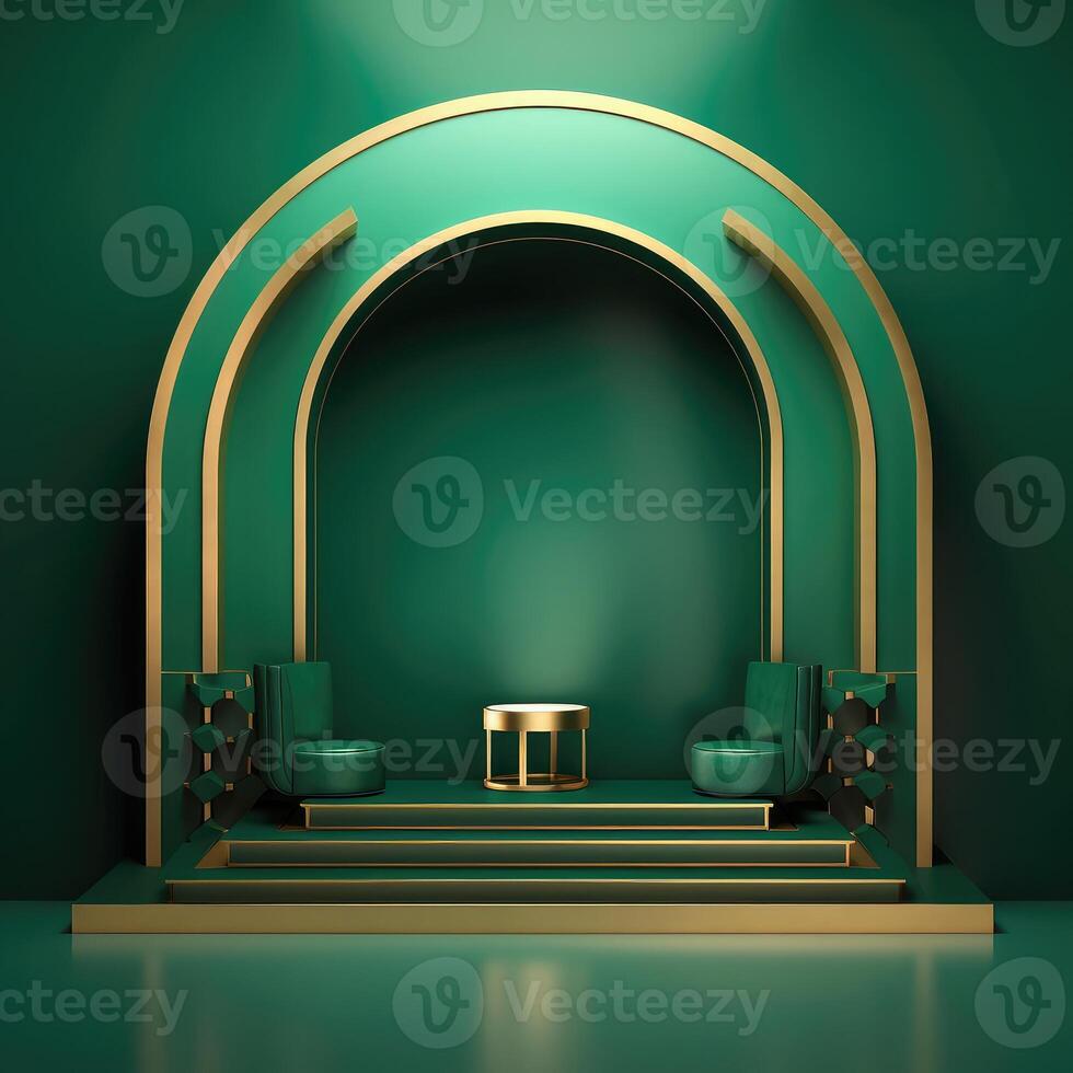 resumen geométrico forma oscuro verde color minimalista escena con podio, florero y oro flores diseño para cosmético o producto identidad. 3d prestar. creado con generativo ai. foto