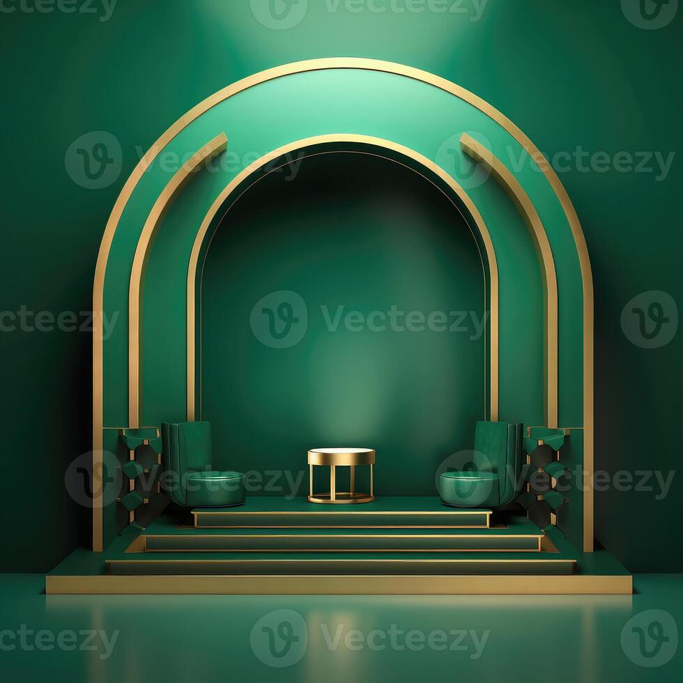 Abstract geometric shape dark green color minimalistic scene with podium, vase and gold flowers. Design for cosmetic or product identity. 3d render. Created with . photo