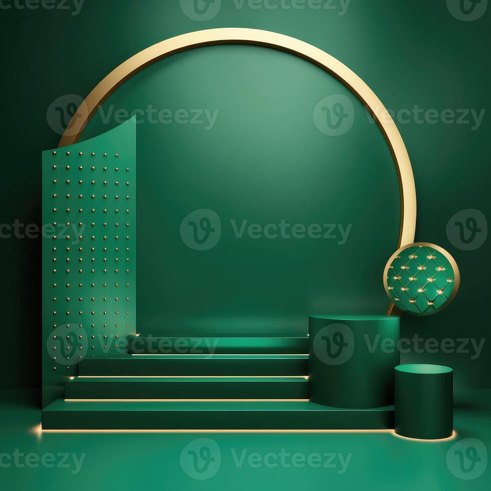 Abstract geometric shape dark green color minimalistic scene with podium, vase and gold flowers. Design for cosmetic or product identity. 3d render. Created with . photo