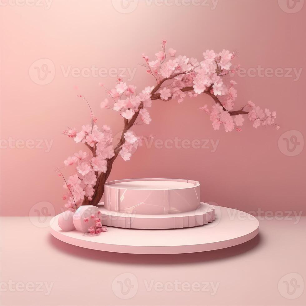 A realistic scene with a pedestal in pastel pink colors. Square platform with frosted glass and flowers in the background for product demonstration. Created with . photo