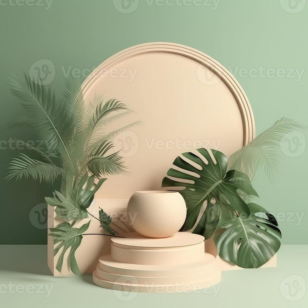 Minimal white scene with geometric shapes and green palm leaves. Cylindrical podium on a yellow background. Tropical leaves. Created with . photo