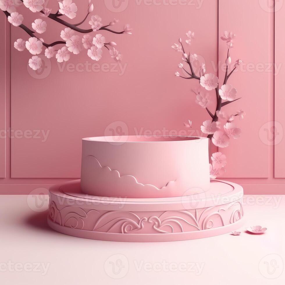 A realistic scene with a pedestal in pastel pink colors. Square platform with frosted glass and flowers in the background for product demonstration. Created with . photo