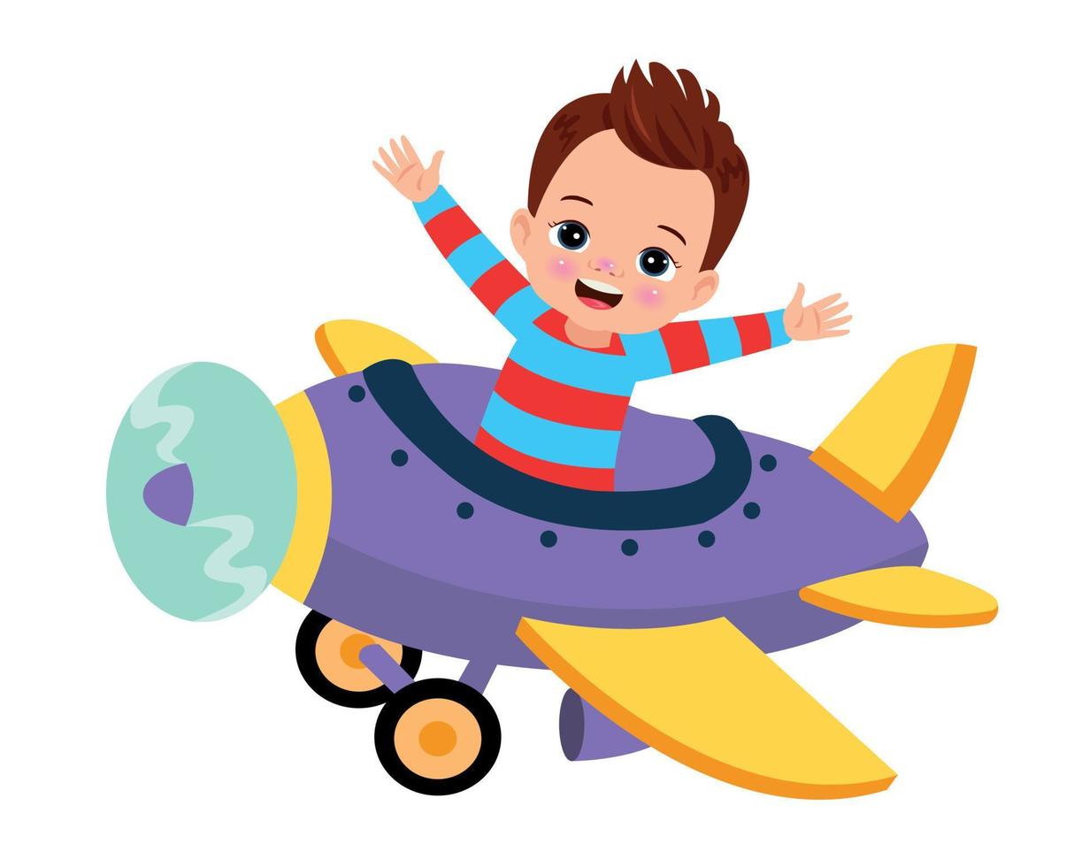boy flying with airplane in the sky vector