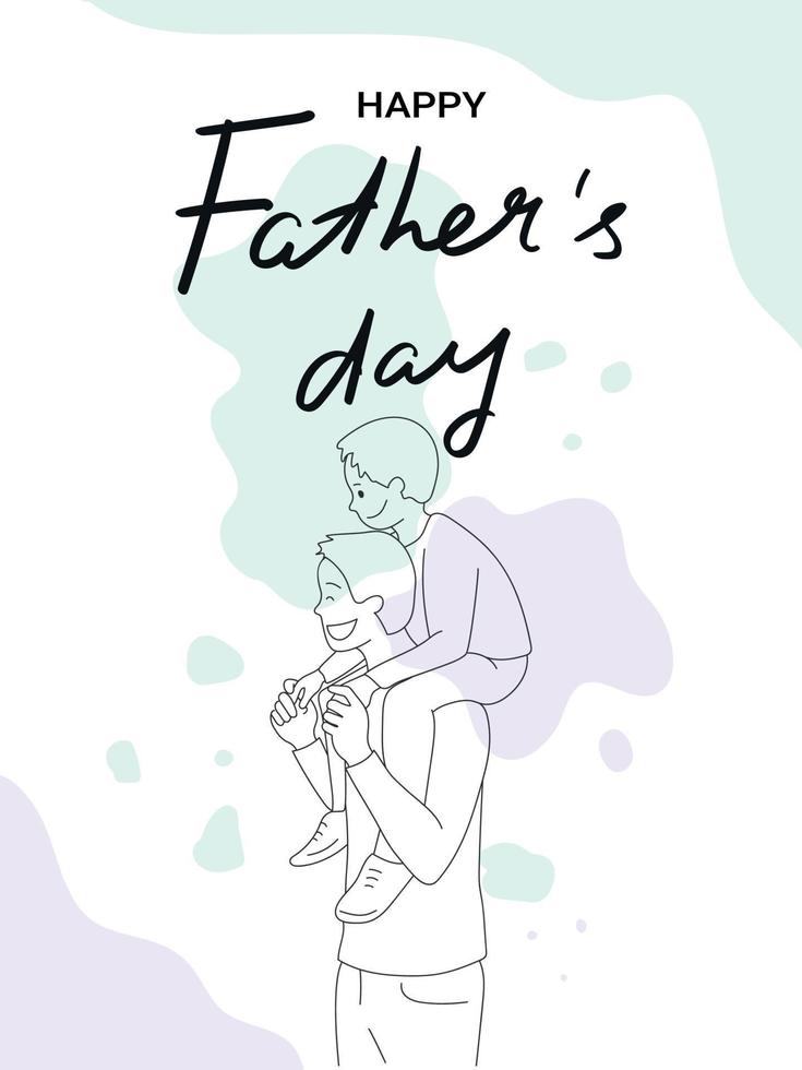 Fathers Day greeting card with a child sitting on his fathers shoulders. Dad and son together. Vector art