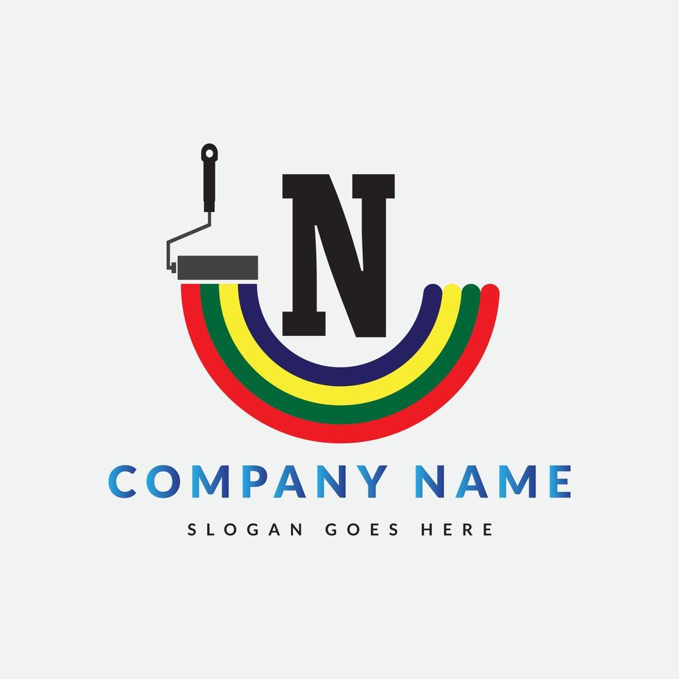 Paint Brush Logo On Letter N Template. Paint On N Letter, Initial Paint Sign Concept vector
