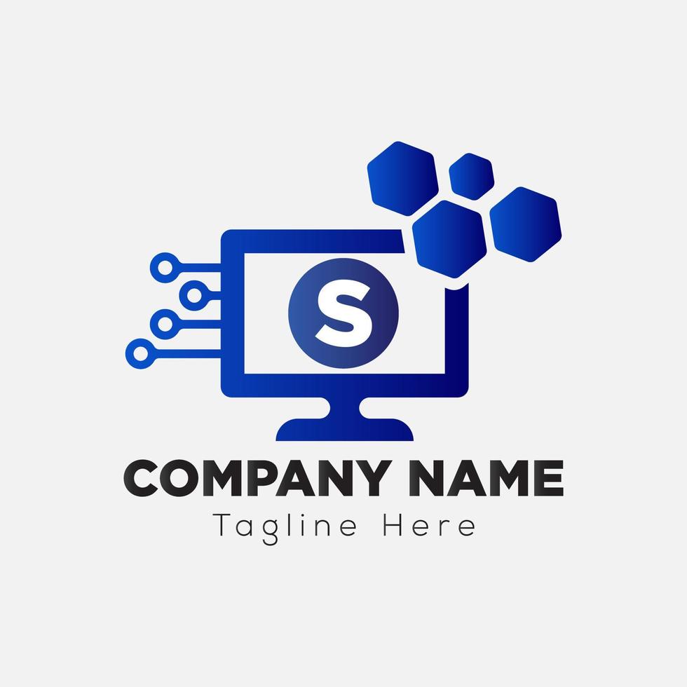 Computer Tech Logo On Letter S Template. Connection On S Letter, Initial Computer Tech Sign Concept vector