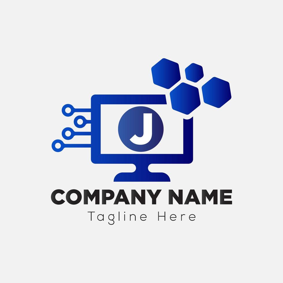 Computer Tech Logo On Letter J Template. Connection On J Letter, Initial Computer Tech Sign Concept vector