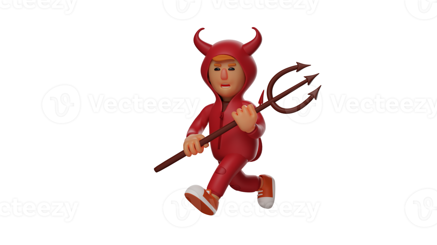 3D illustration. Charming Devil 3D Cartoon Character. A red demon in a walking pose while carrying a trident. The brave devil is meeting his opponent. 3D cartoon character png