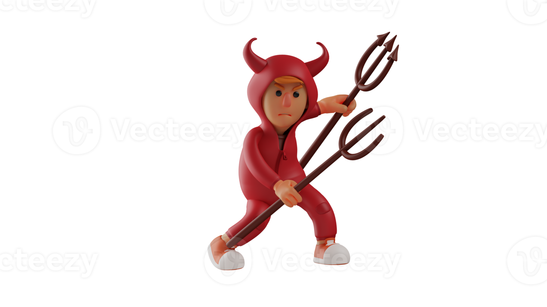 3D illustration. Young Devil 3D Cartoon Character. Devil with a furious expression carries two long tridents to fight. The red devil is ready to attack the opponent. 3D cartoon character png