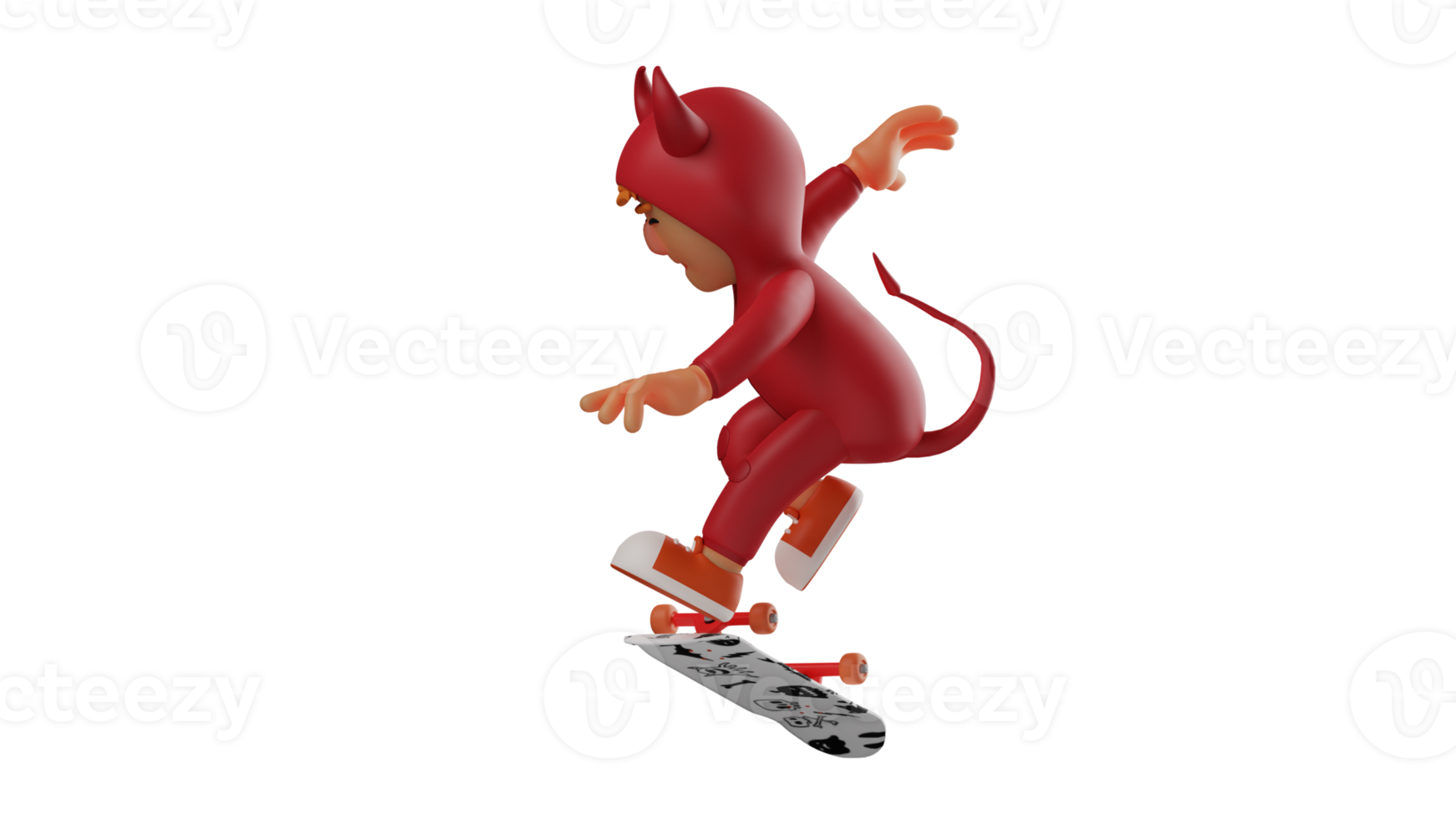 3d illustrazione. contento ragazzo 3d cartone animato carattere. ragazzo indossare fantasia diavolo costume. allegro ragazzo giocando skateboard con il suo indietro per il pubblico. 3d cartone animato personaggio png