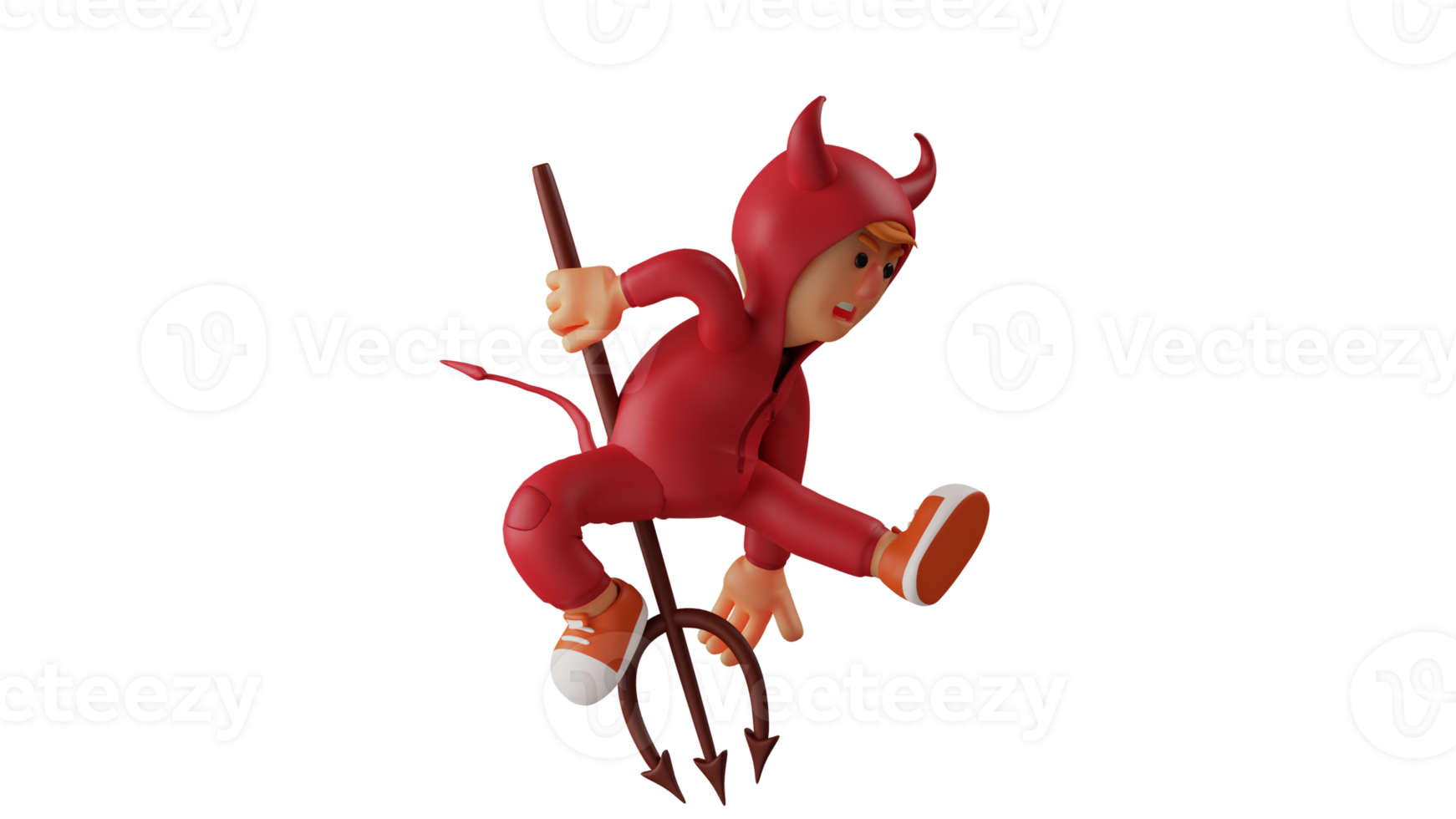 3D illustration. Creepy Devil 3D Cartoon Character. The red demon in the pose jumps and attacks. The demon attacks the enemy using a long trident. 3D cartoon character png