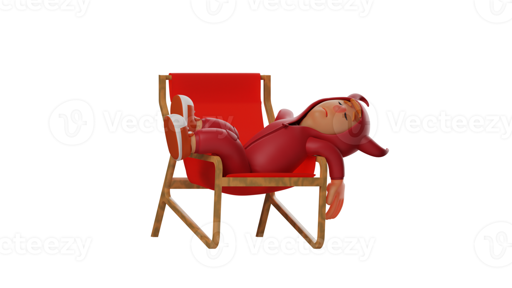 3D illustration. Tired Devil 3D Cartoon Character. The sleepy red devil is sleeping on the red chair. The devil is resting after fighting his enemy. 3d cartoon character png