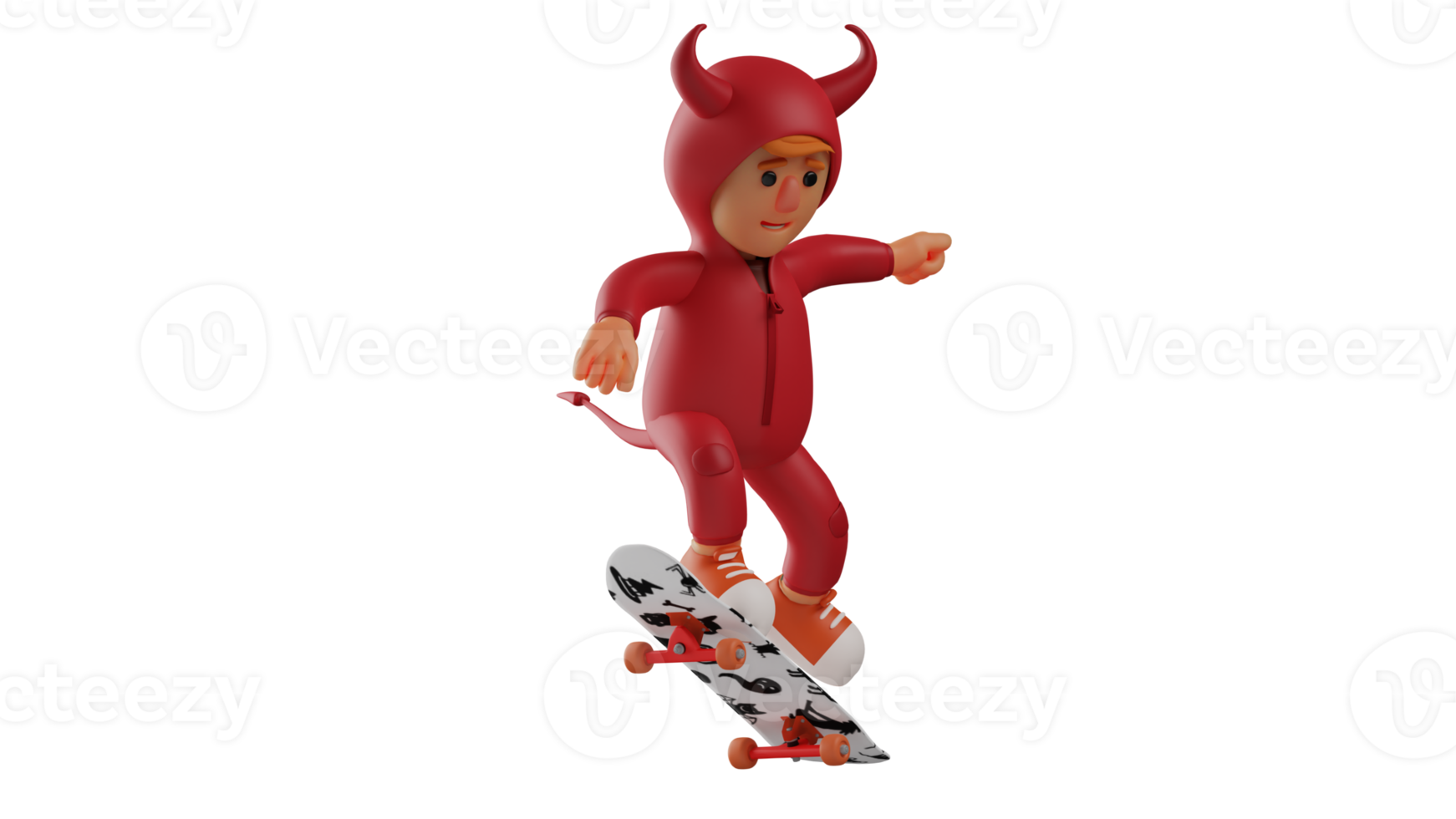 3D illustration. Cheerful Devil 3D Cartoon Character. Little devil playing skateboard. The devil feels good to play with as he pleases 3D cartoon Character png