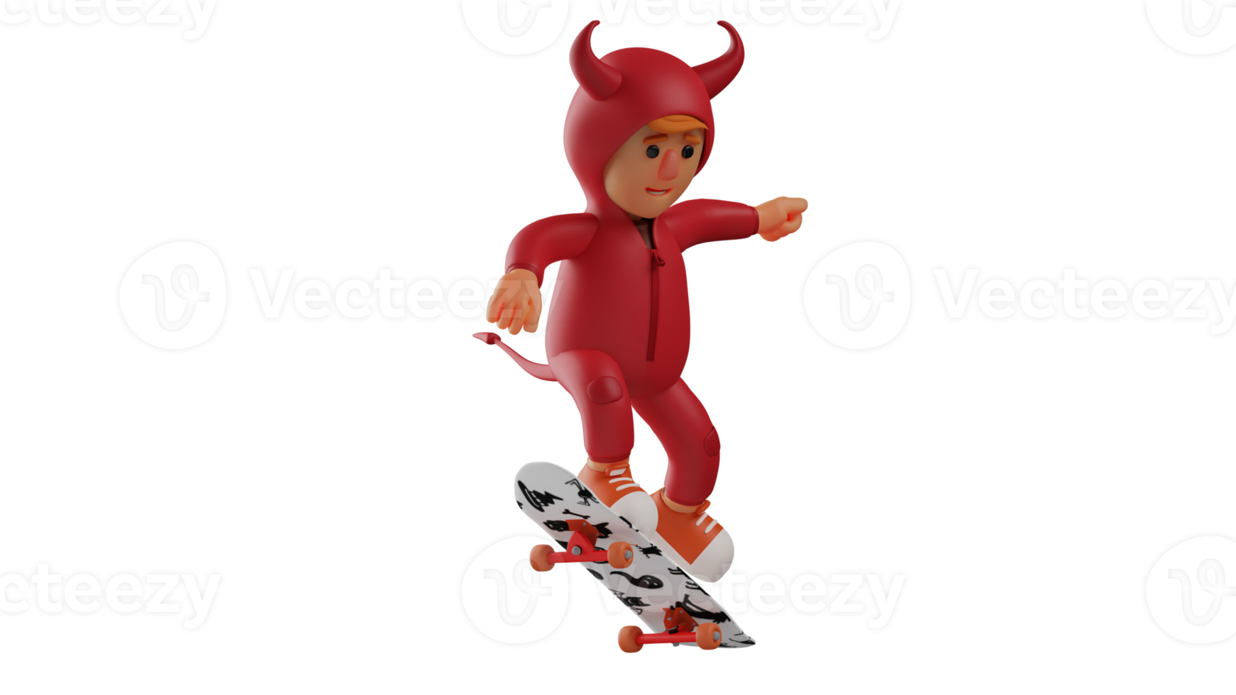 3d Illustration. heiter Teufel 3d Karikatur Charakter. wenig Teufel spielen Skateboard. das Teufel fühlt sich gut zu abspielen mit wie er gefällt 3d Karikatur Charakter png