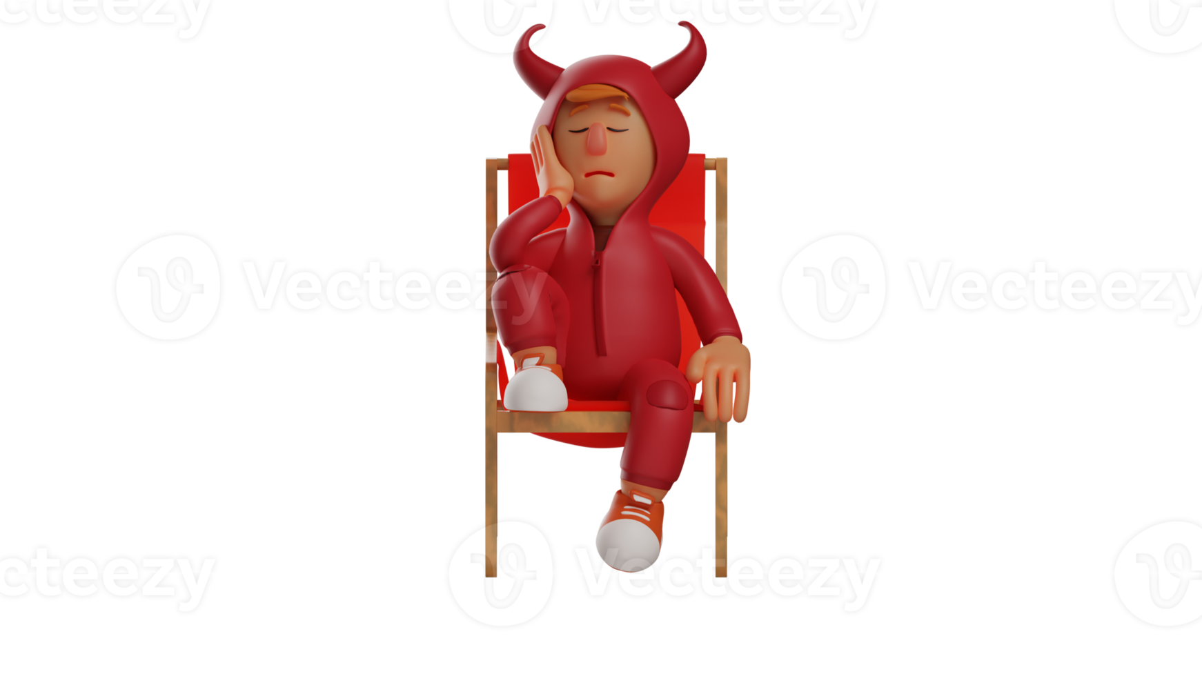 3D illustration. Little Devil 3D Cartoon Character. Little devil is tired and resting. The red devil sat with one leg up. Satan closed his eyes and propped his head with one hand. 3d cartoon character png