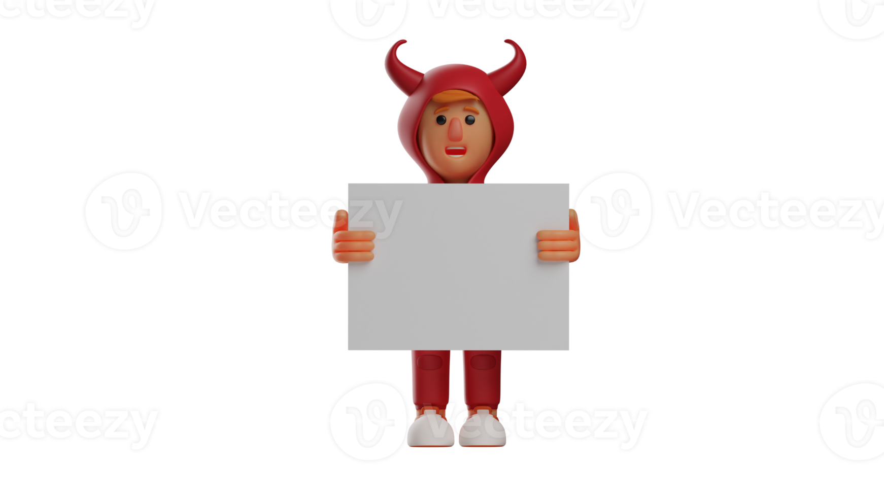 3D illustration. Red Devil 3D Cartoon Character. The red devil is holding a wide white paper. The little boy is wearing a red devil costume with a surprised expression. 3d cartoon character png