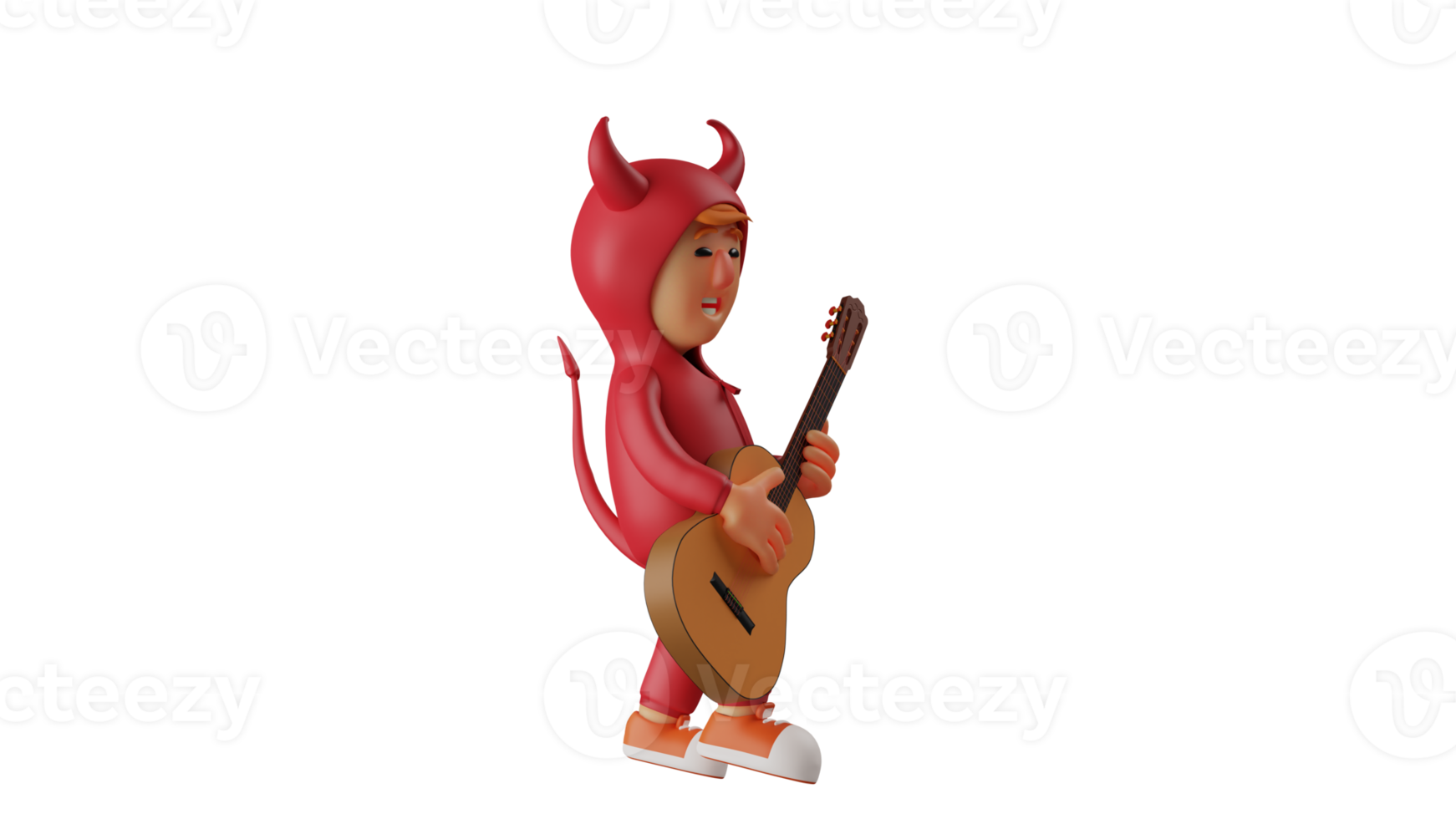 3D illustration. Talented Boy 3D Cartoon Character. The talented devil is playing the guitar. Satan playing music while facing sideways. 3d cartoon character png