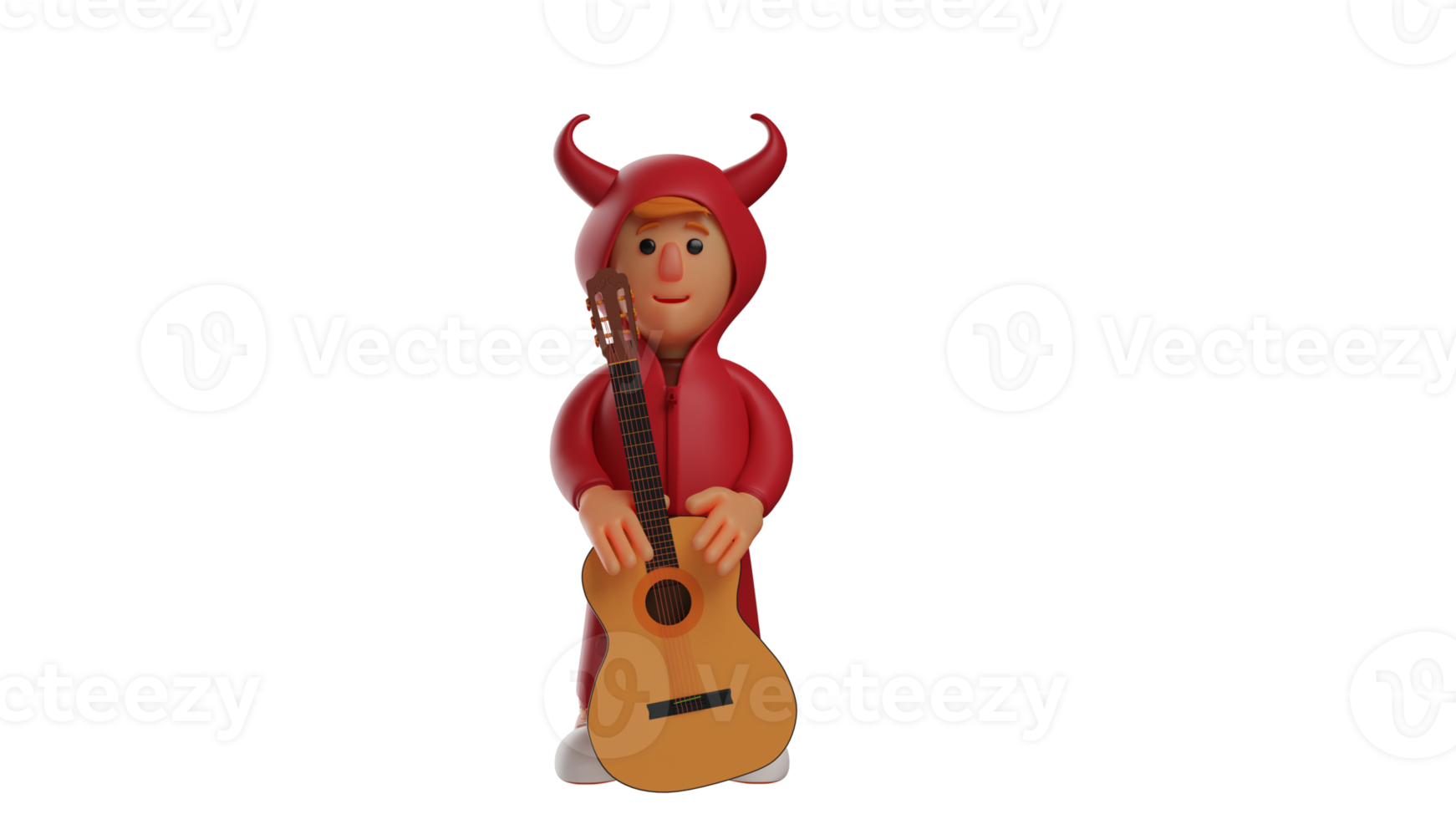 3D illustration. Handsome Devil 3D Cartoon Character. Adorable devil holding a guitar. The handsome devil smiled kindly facing forward. The devil prepares to play music. 3d cartoon character png