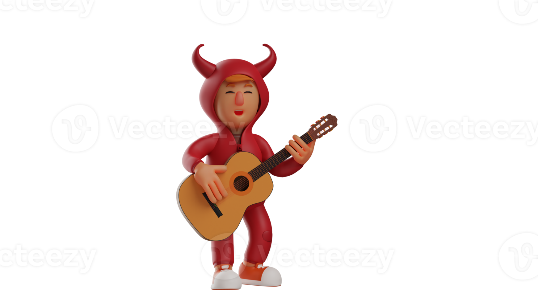 3D illustration. Talented Devil 3D Cartoon Character. The red devil plays the guitar he likes. The red devil showed off his music playing skills very happily. 3d cartoon character png