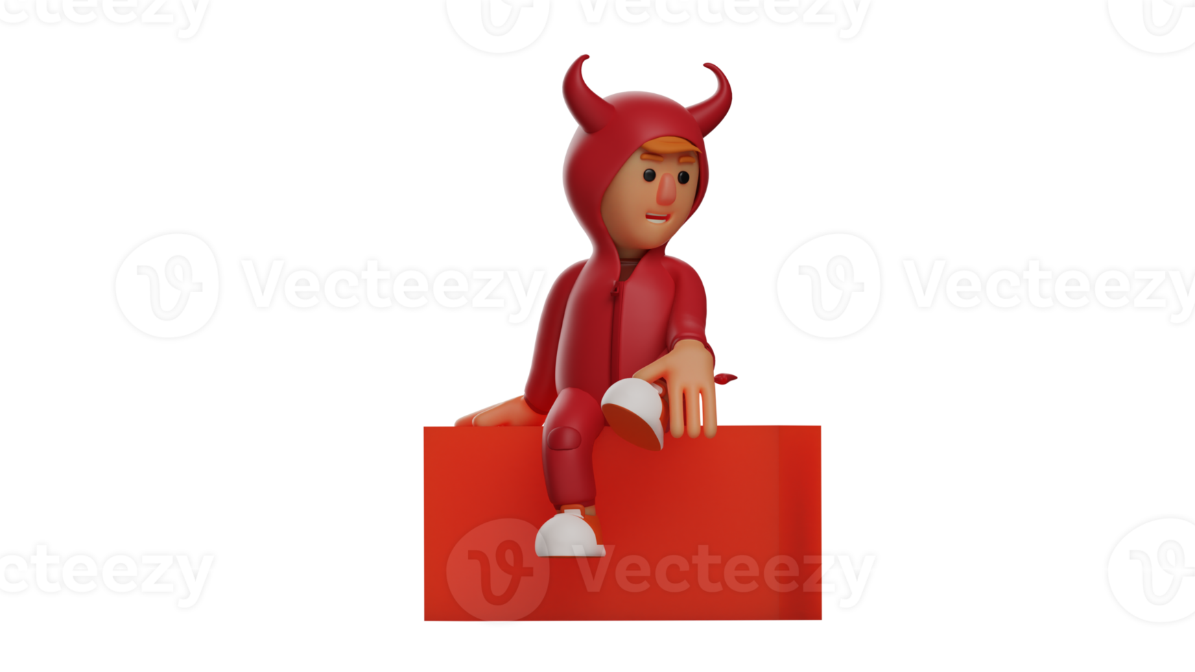 3D illustration. Relaxed Devil 3D Cartoon Character. Devil in a pose sitting on a red box. The red demon lifted one leg up and looked very relaxed. 3D cartoon character png