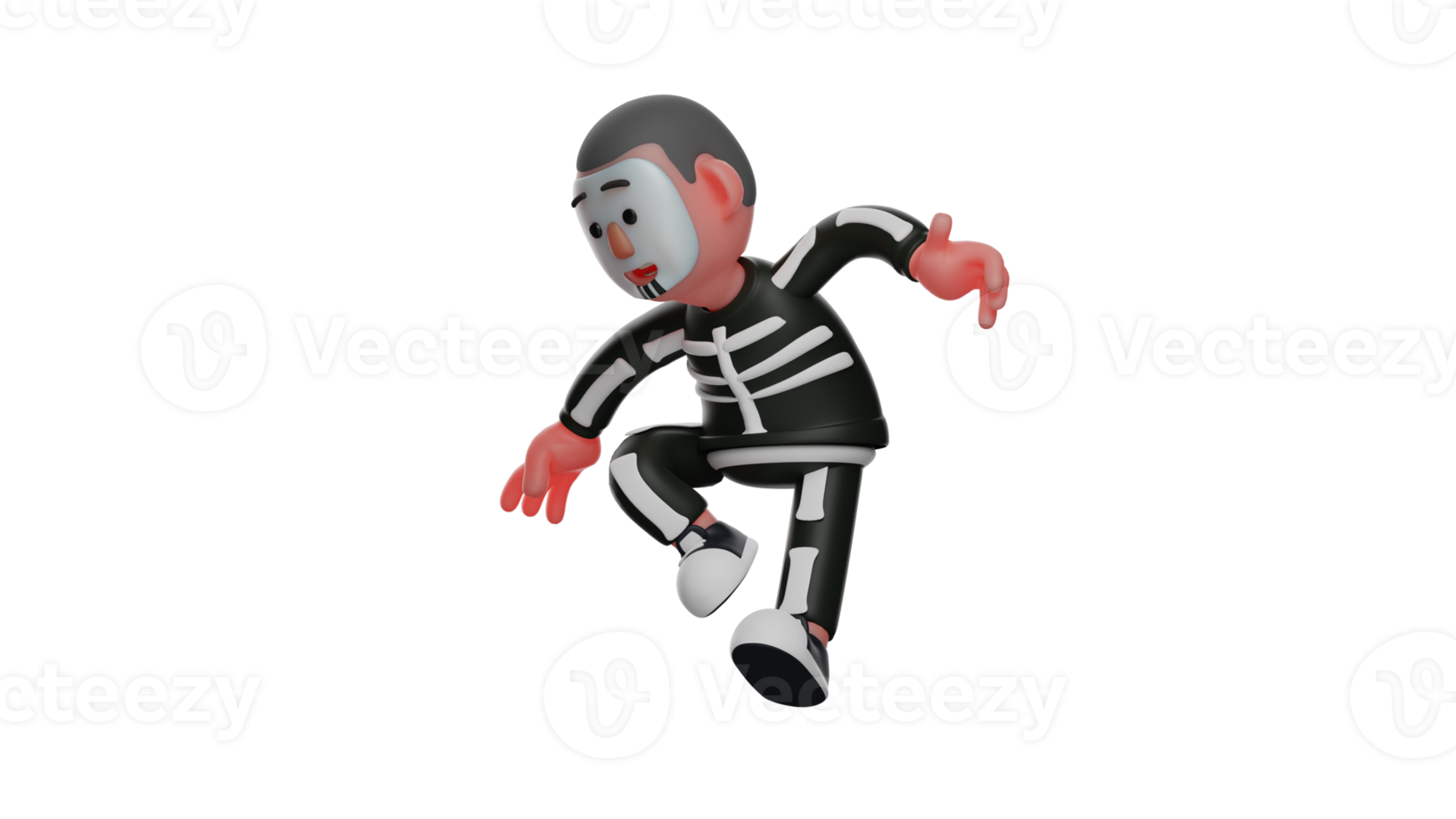 3D illustration. Skeleton Boy 3D Cartoon Character. Adorable skeleton boy in a jumping pose. Adorable skeleton feeling very happy. 3D cartoon character png