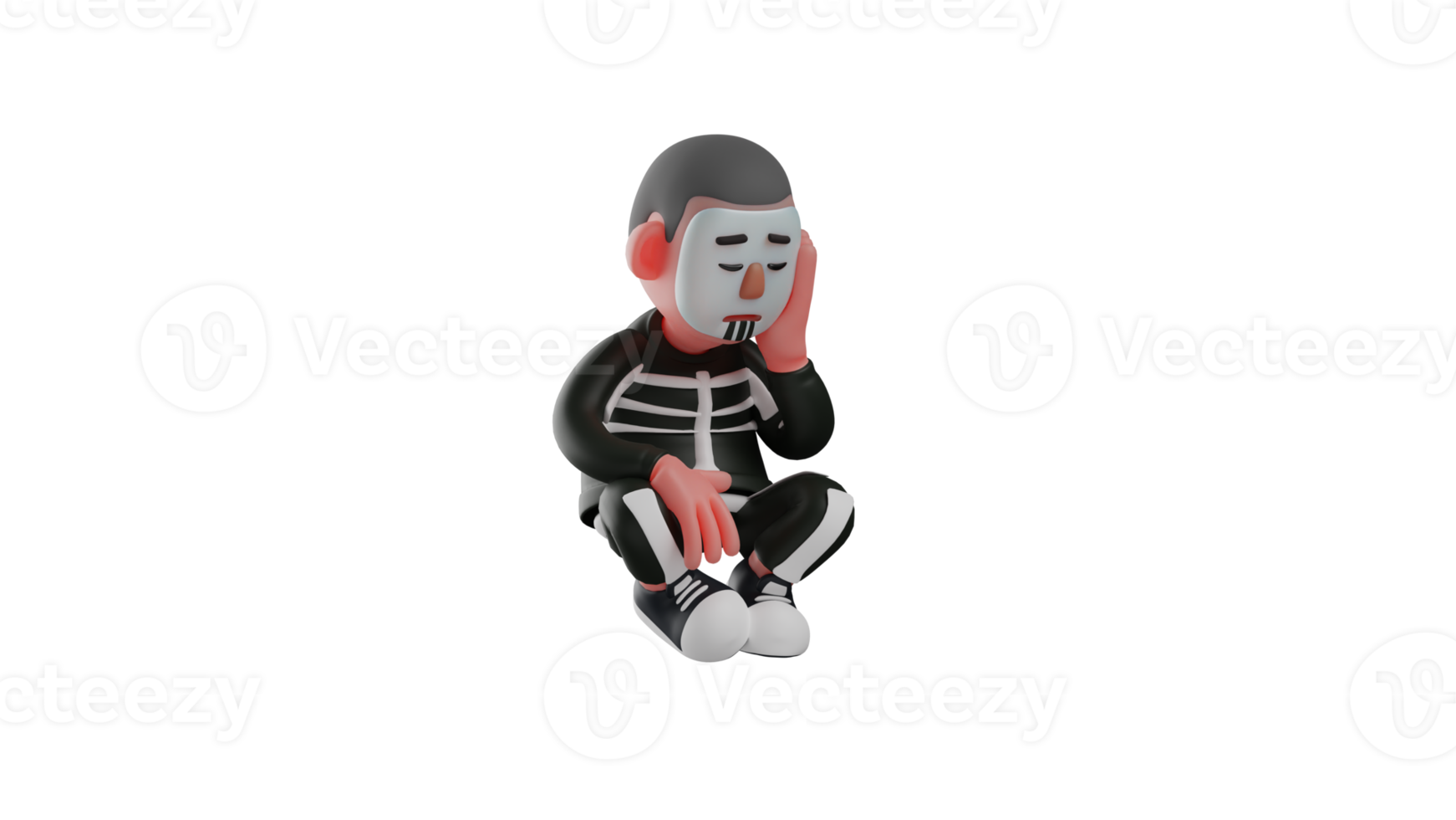 3D illustration. Sad Skeleton 3D Cartoon Character. Skeleton sat down and put one hand on his chin. Skeleton boy was feeling sad and was pondering something. 3D cartoon character png