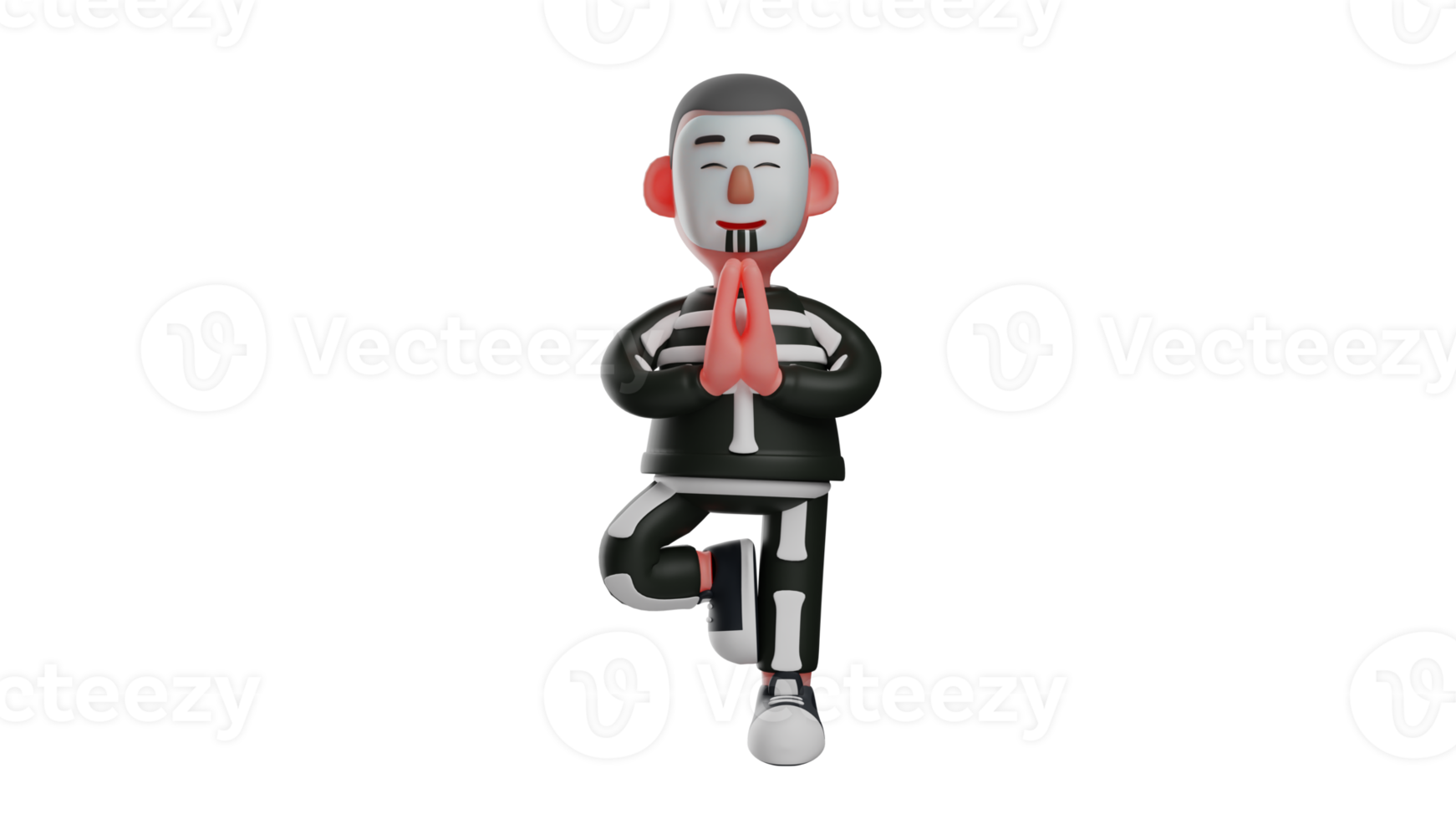 3D illustration. Skeleton Boy 3D Cartoon Character. Skeleton boy in yoga pose. The handsome skeleton closed his eyes as he cupped his hands and raised one leg. 3D cartoon character png