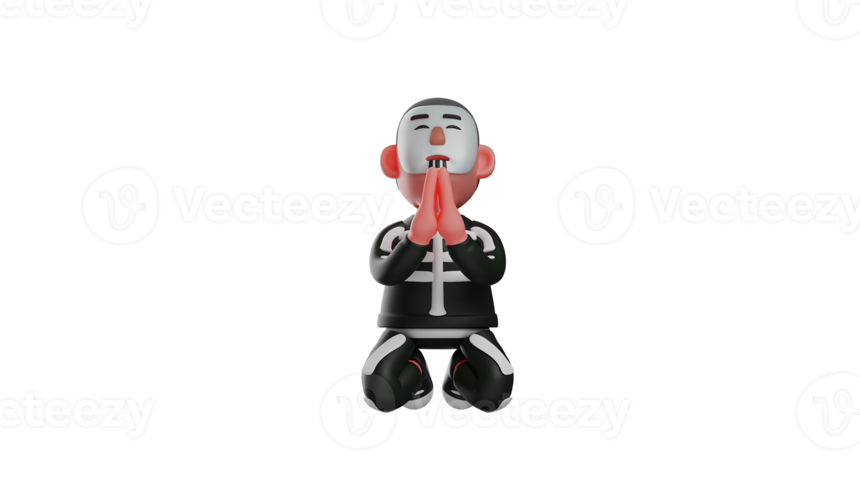 3D illustration. Obedient Skeleton 3D Cartoon Character. Skeleton boy was sitting cross-legged and cupping his hands together. Skeleton was praying solemnly. 3D cartoon character png