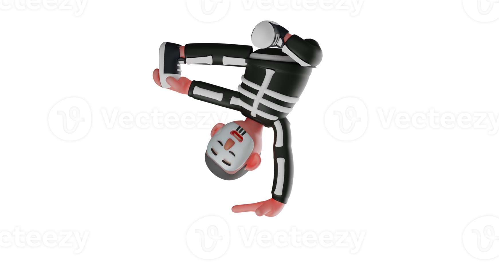 3D Illustration. Cool Skeleton 3D Cartoon Character. Skeleton is dancing with an upside down pose. Skeleton did his hobby while smiling happily. 3D cartoon character png