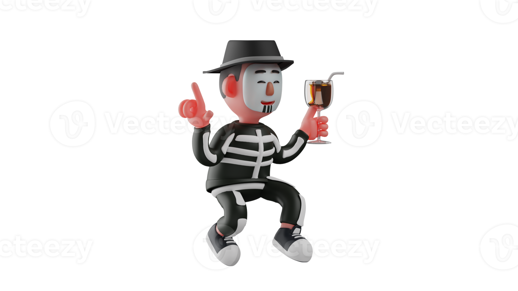 3D Illustration. Charming Skeleton 3D cartoon character. Skeleton is attending a party. Cool skeleton holding a glass of wine. Skeleton is enjoy to the party. 3D cartoon character png