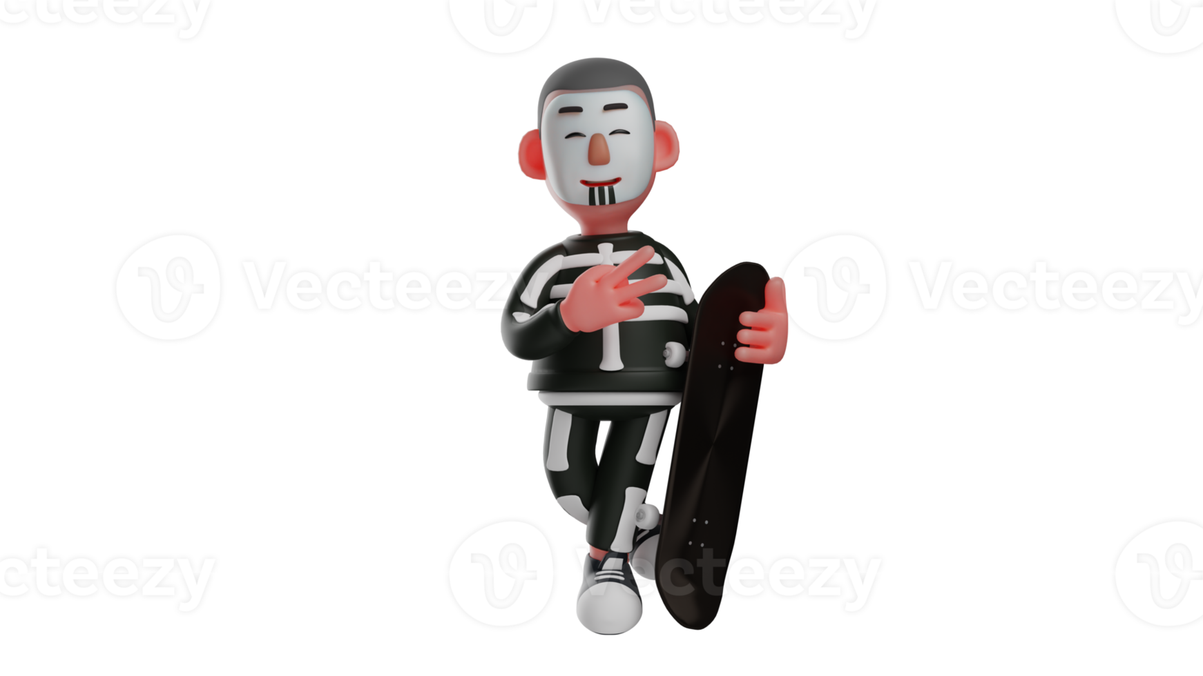 3D Illustration. Cool Skeleton 3D Cartoon Character. Skeleton stood while holding a sactoard board. Skeleton with a peace pose and smiling sweetly. Skeleton is very happy. 3D cartoon character png