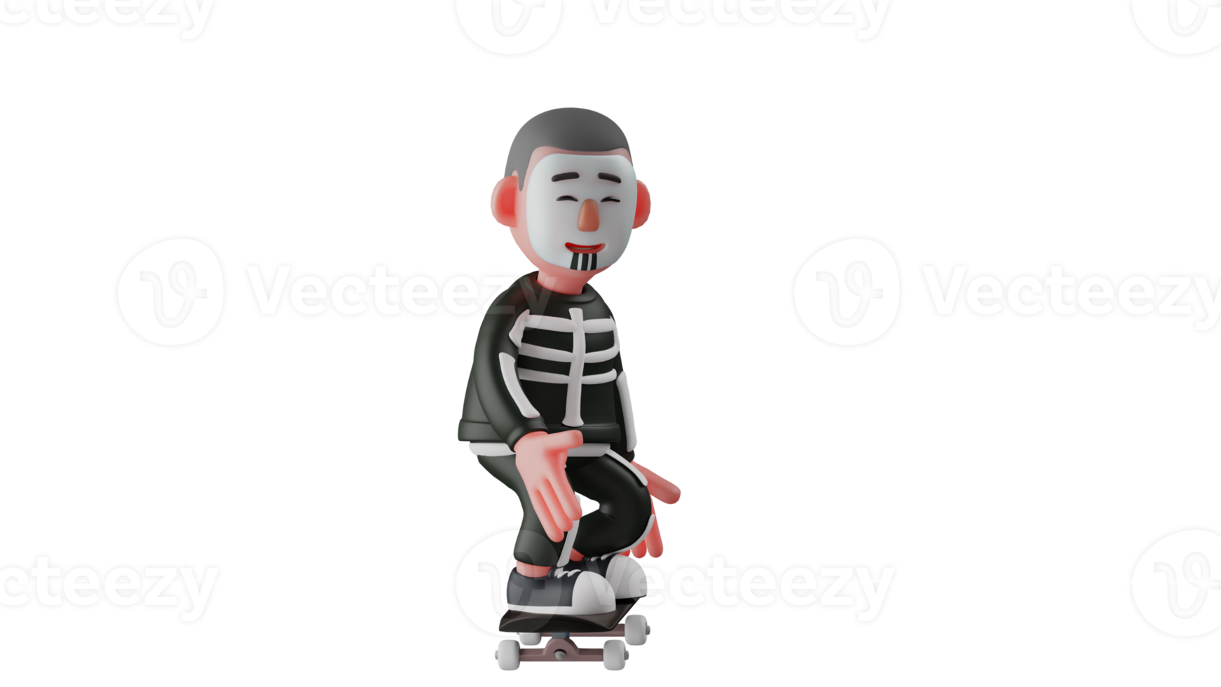 3D Illustration. Cheerful Skeleton 3D Cartoon Character. Skeleton is playing skateboard. Handsome skeleton smiled happily. Skeleton is doing his hobby. 3D cartoon characters png