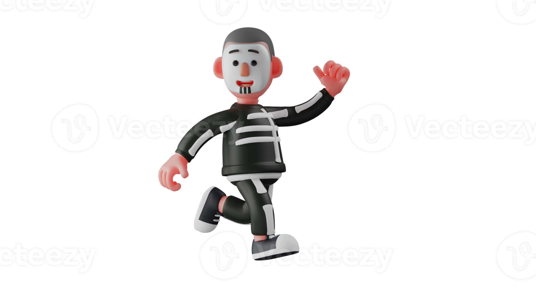 3D Illustration. Charming Skeleton 3D cartoon character. Skeleton stepped for sure. Skeleton walked while facing the side. Skeleton waved his hand. 3D cartoon character png