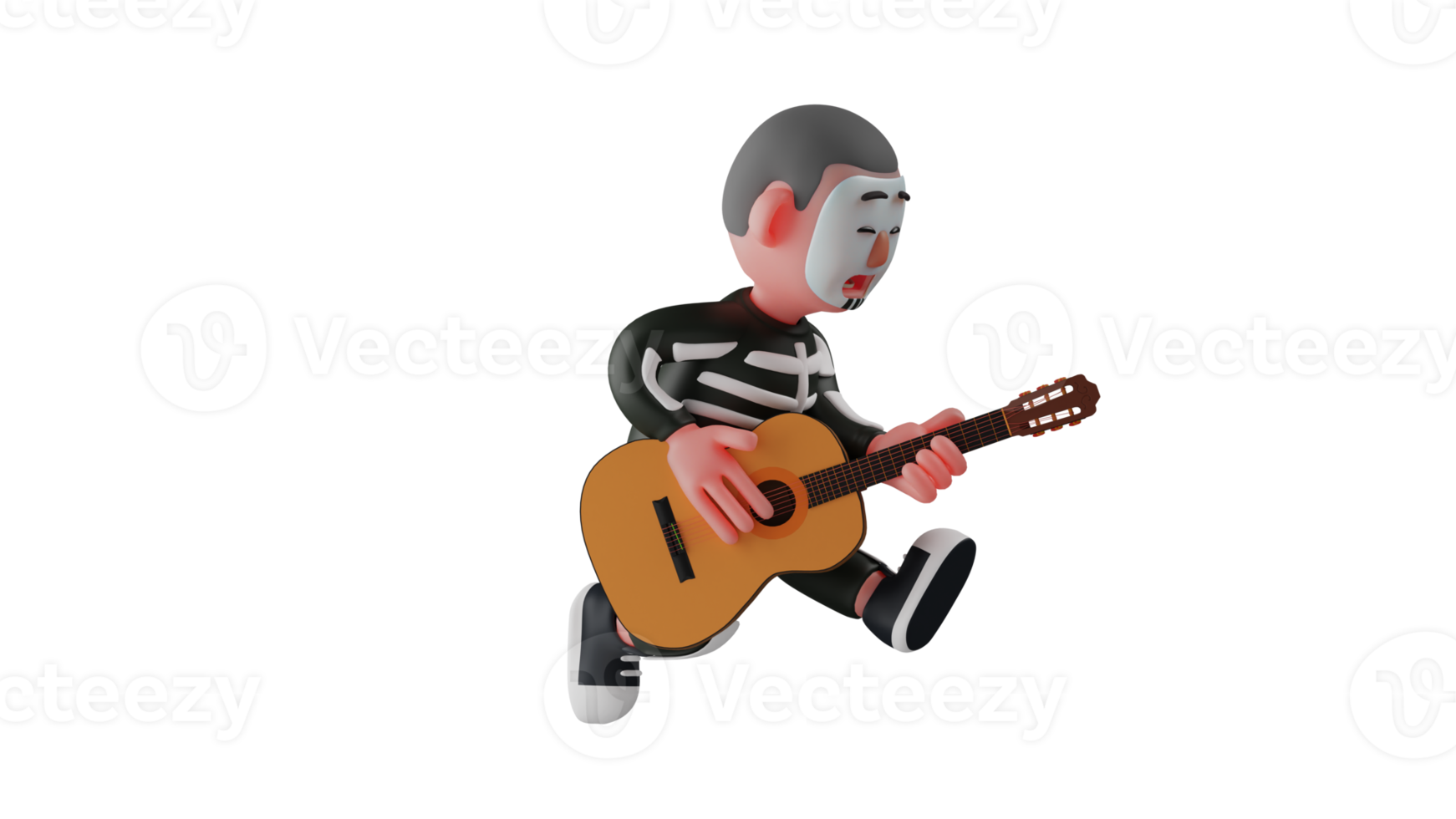 3d ilustração. talentoso esqueleto 3d desenho animado personagem. esqueleto gostar para jogar musical. esqueleto é jogando a guitarra energeticamente. esqueleto reproduziu guitarra com a ajoelhado pose. 3d desenho animado personagem png