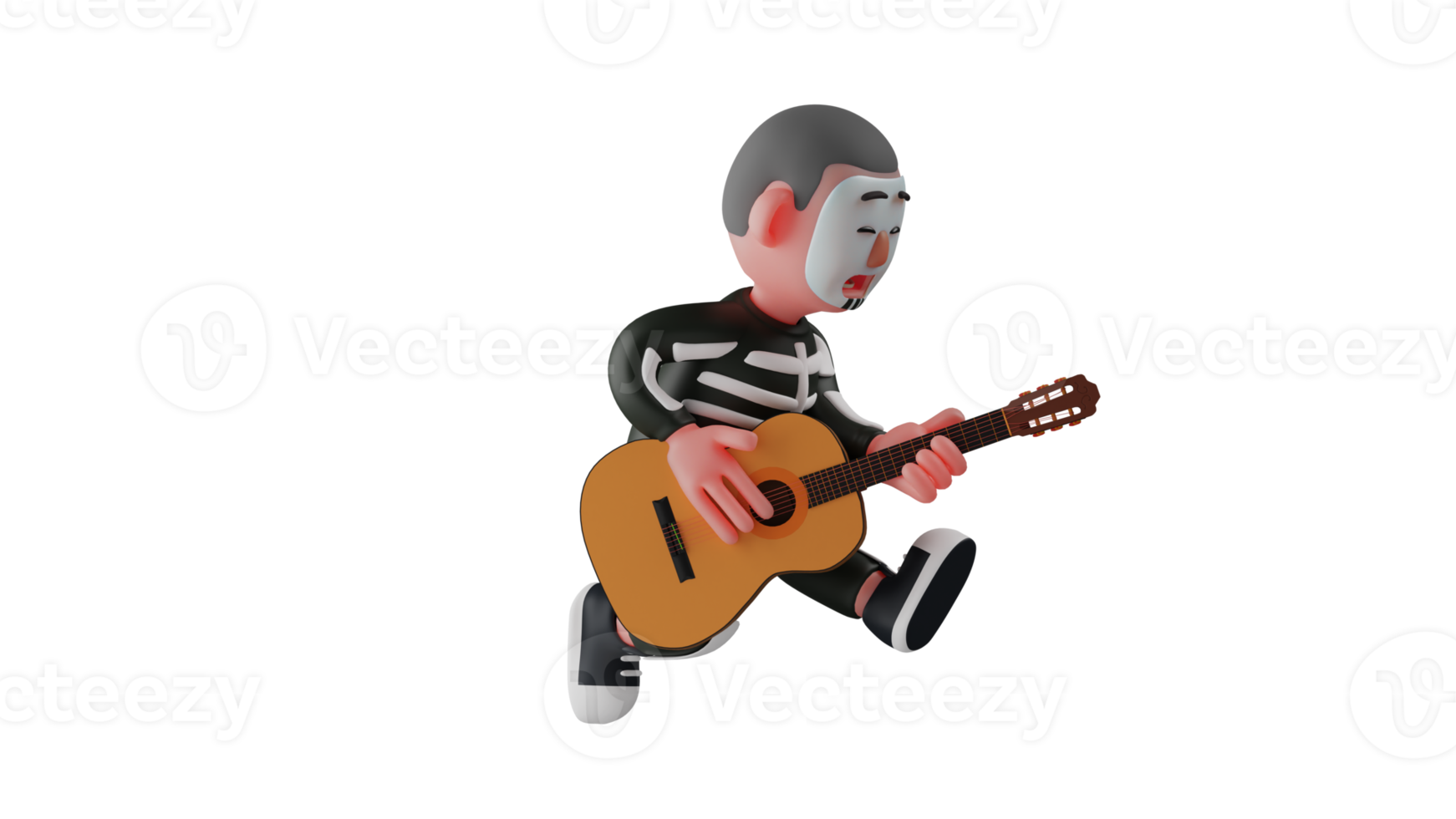 3D Illustration. Talented Skeleton 3D Cartoon Character. Skeleton like to play musical. Skeleton is playing the guitar energetically. Skeleton played guitar with an kneeling pose. 3D cartoon character png