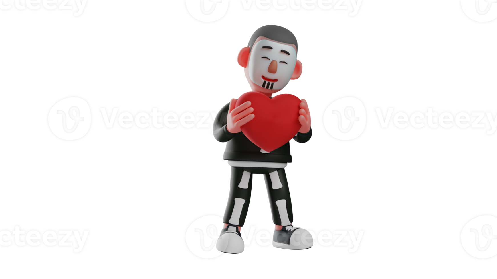 3D Illustration. Romantic Skeleton 3D cartoon character. A handsome skeleton carries and hugs a big red love. Skeleton smiled sweetly because he felt happy. 3D cartoon character png