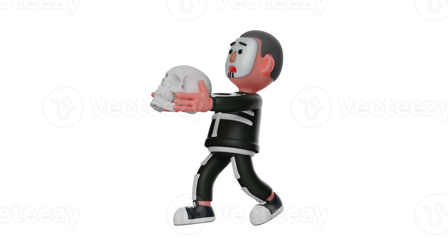 3D Illustration. Weird Skeleton 3D cartoon character. Skeleton ran carrying the skull he found. Skeleton panicked and wanted to remove the scary skull. 3D cartoon character png