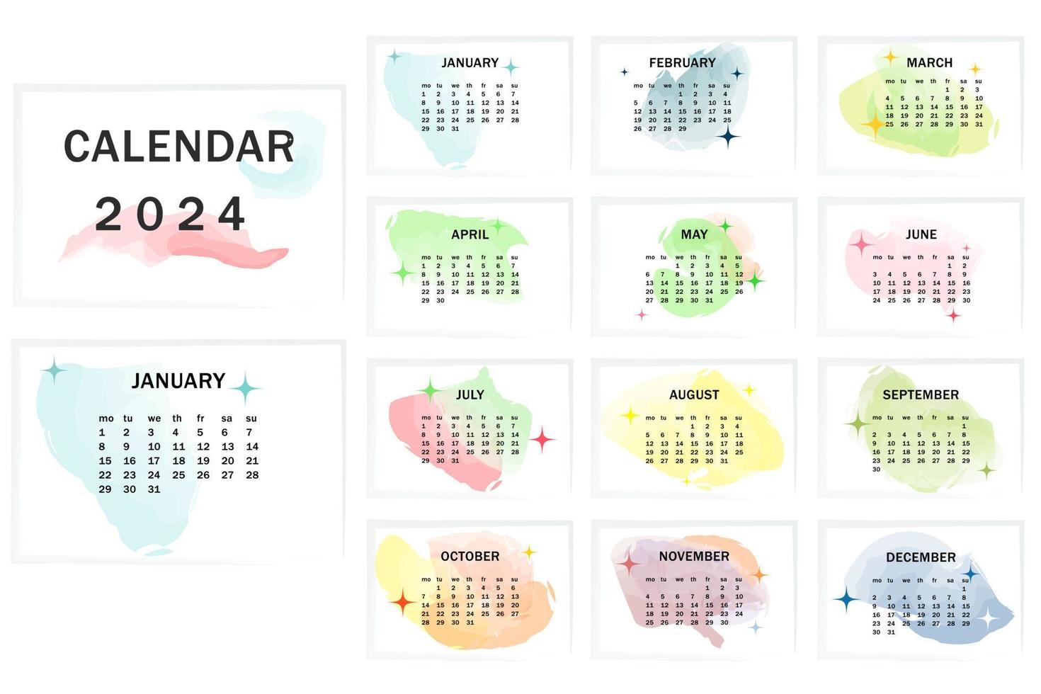 Calendar 2024 template. Monthly calendar 2024 with watercolor background. English vector calendar.
