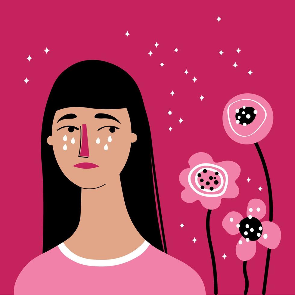 Allergy. Character with allergy signs. Tears on the face, red nose, sneezing. Seasonal allergy diagnosis and immunotherapy concept. Flat illustration vector