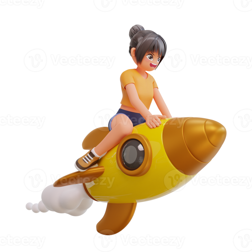 3d illustration cute girls is flying on a rocket png