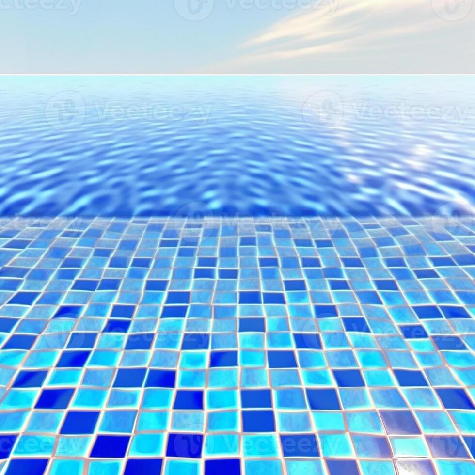 Blue clear water surface in swimming pool in a resort with sea views. Summer Vacation and rest concept. Blue tile mosaic pattern. . photo