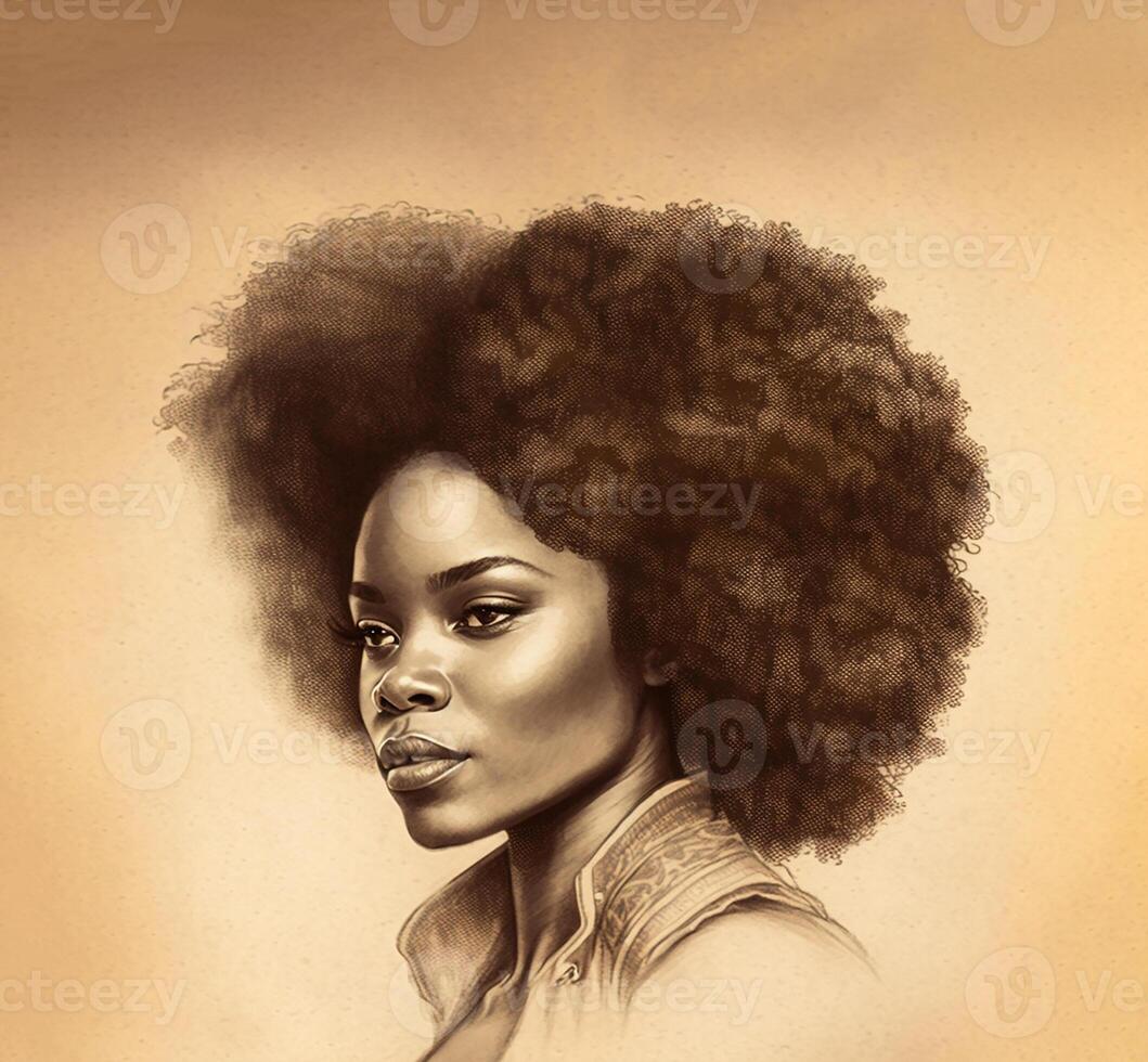 negro historia mes, ilustración ai generado. retrato de un africano joven mujer, ilustración, sepia. negro En Vivo importar concepto. foto