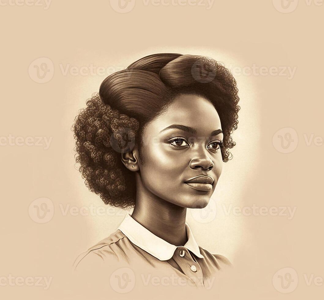 Black history month, illustration . Portrait of an African young woman, illustration, sepia. Black live matter concept. photo